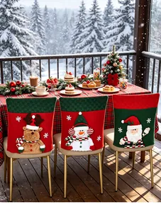 Festive Christmas chair covers featuring 3D Santa, Snowman, and Reindeer in a snowy terrace setting.