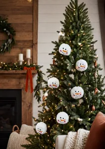Festliche weiße Plüsch-Schneemann-Kugeln hängen an einem warm beleuchteten Weihnachtsbaum