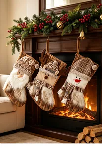 Chaussettes de Noël marron avec Père Noël, renne et bonhomme de neige près de cheminée