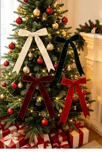 Close-up of four colorful flocked velvet bows hanging on a festive Christmas tree
