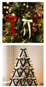 Small flocked velvet bow ornaments displayed on a Christmas tree for holiday decoration