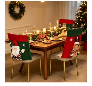 Christmas chair covers with 3D Santa and Reindeer designs on a decorated dining table