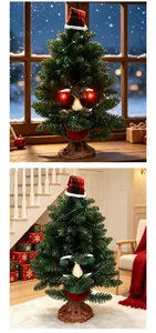 Close-up of animated Christmas tree with glowing red eyes and festive plaid hat decorations