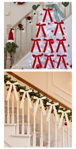 Red and cream flocked Christmas bows displayed on a tree and staircase railing