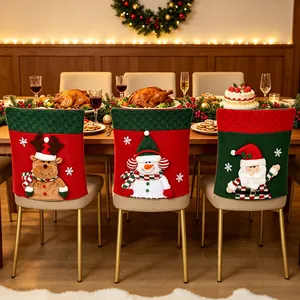 Christmas Chair Back Covers 3D Santa Snowman Reindeer Polyester Fabric Seat Protector For Dining Room Holiday Party Decor