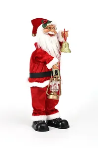 Bambola di Babbo Natale elettrica in piedi con campana dorata e lanterna natalizia