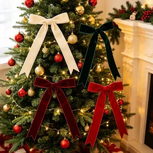 Christmas Tree Bow Ornaments Flocking Cloth Ribbon Bows For Wreath Garland Festive Party Decoration White Red Green Burgundy
