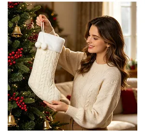 Detailweergave van een crème gebreide kerstsok vastgehouden in een feestelijke setting
