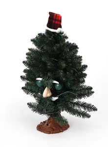 Detailed view of an electric musical Christmas tree ornament with funny face and plaid hat