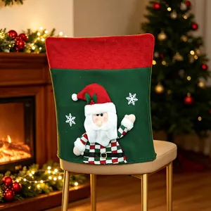 Festive Christmas chair cover with 3D Santa Claus and snowflake design for dining decor.