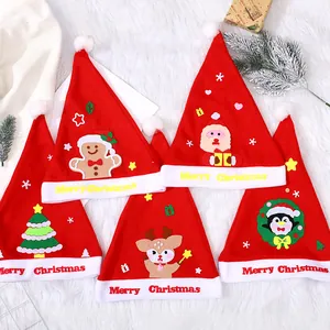 Set of five colorful DIY felt Christmas hats for children with cute cartoon characters.