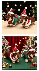 Cute Christmas Dachshund plush toys wearing festive sweaters and Santa hats for decor.