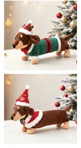 Close-up of festive plush dachshund dogs wearing cute Christmas sweaters and hats.
