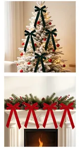 Christmas velvet bows decorating a snow-dusted tree and a holiday fireplace mantel