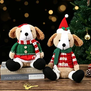 Ornamento Cane di Peluche Natalizio Seduto Statuetta Cucciolo con Maglione a Maglia per Decorazione Finestra Casa Festa