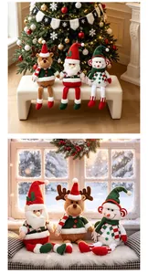 Group of Christmas plush dolls featuring Santa, reindeer, and snowman with long legs.