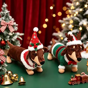 Festive Christmas Dachshund plush toys wearing Santa hat and reindeer antler outfits