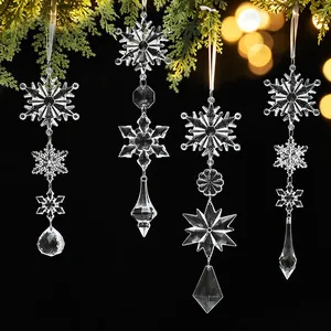 Acryl Kerst Sneeuwvlok Ijskegel Hangers Kristal Look Roze Transparante Hangende Decoraties Feestdag Huis Decor