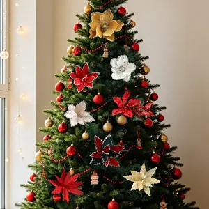 Fiori di Natale artificiali glitterati rossi e oro per decorazioni dell'albero