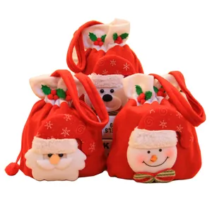 Red brushed fabric Christmas candy gift bags with 3D Santa and Snowman characters