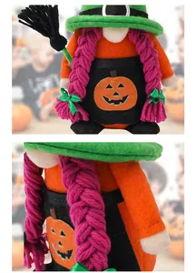 Detail of a plush Halloween gnome with a green witch hat and purple yarn braids.