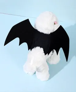 Detailansicht eines weißen Hundes mit schwarzen Fledermausflügeln für Halloween-Haustierkostüme