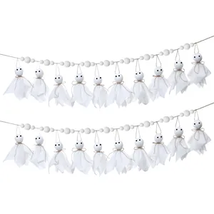 Halloween Ghost Banner White Fabric Ghost Garland Spooky Bunting With Pom Poms Hemp Rope Hanging Decorations For Spooky Party Decor