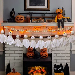Halloween ghost garland banner with wooden beads for spooky indoor party decorations