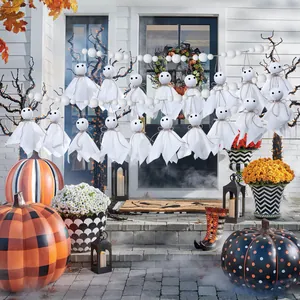 Decorative Halloween ghost banner garland with white plush balls for spooky party decor