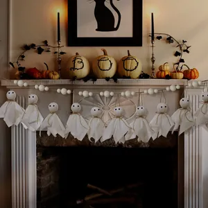 Halloween ghost garland with white felt balls and cloth spirits for fireplace decor