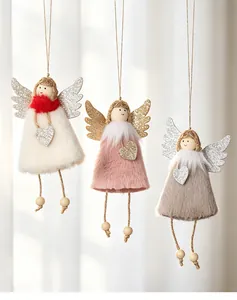 Trio of plush angel Christmas ornaments with glitter wings and silver heart charms