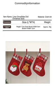 Drei kleine Weihnachtsstrümpfe aus Sackleinen mit Nikolaus, Rentier und Schneemann im Detail