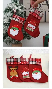 Mini burlap Christmas stockings featuring 3D Santa, snowman, and reindeer cartoon motifs