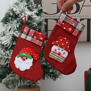 Small Burlap Christmas Stocking Hanging Ornament For Tree Decoration Santa Snowman Reindeer Pattern Holiday Gift Bag