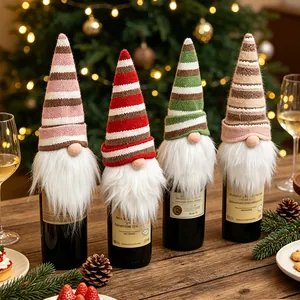 Set of 4 Christmas gnome wine bottle covers with striped knitted hats and fur beards