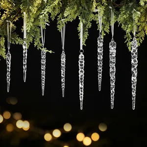 Set de 8 adornos navideños de carámbanos de cristal transparente en ramas de pino verde