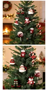 Detailed view of various red and white Christmas ornaments hanging on a green tree