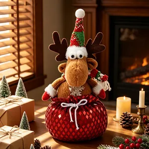 Muñeco de peluche reno de Navidad creativo en bolsa de regalo con lentejuelas rojas