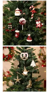 Festive Christmas tree ornaments in red, green, and gold hanging on branches.