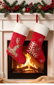 Close-up of red velvet Christmas stockings with sequined reindeer and snowflake
