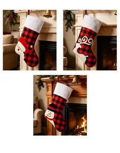 Tres estilos de calcetines navideños de cuadros rojos y negros bordados