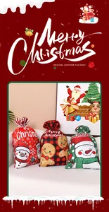Three festive Christmas drawstring gift bags with cartoon prints.