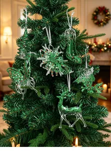 Detailed view of green glitter Christmas ornaments hanging on a festive pine tree