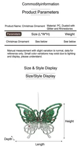 Detail view of green glitter butterfly Christmas ornament with measurement labels