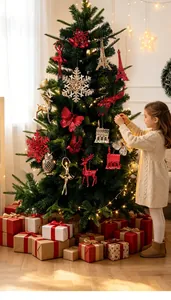 Festive red and gold Christmas tree ornaments hanging on a beautifully decorated tree