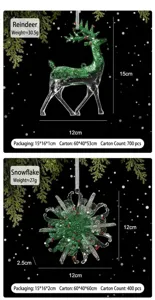 Detailed view of green glitter reindeer and snowflake Christmas hanging ornaments with size