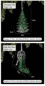 Detailed view of green glitter Christmas tree and high-heel shoe ornaments with dimensions