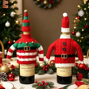 Ensemble de Housses de Bouteille de Vin Tricotées de Noël avec Mini Chapeaux Décoration Table Cuisine Pull Acrylique Rouge Vert