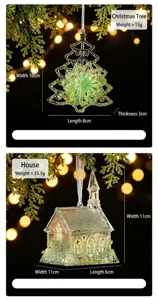 Glittery green transparent Christmas tree and house ornament pendants with measurements