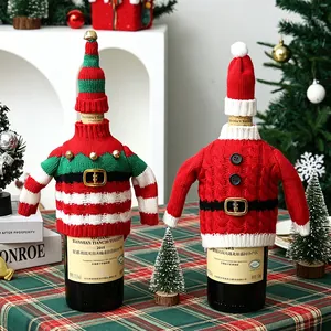 Lot de deux housses de bouteille de vin tricotées pour Noël avec bonnets de lutin et Père Noël